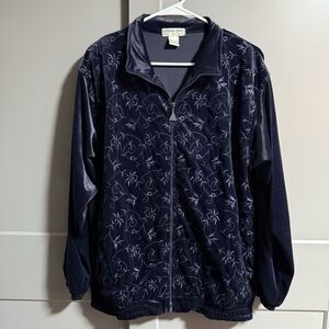 EuroJoy Women Floral Swirl Full Zip Velvet Bomber Jacket Navy Blue Medium Pocket